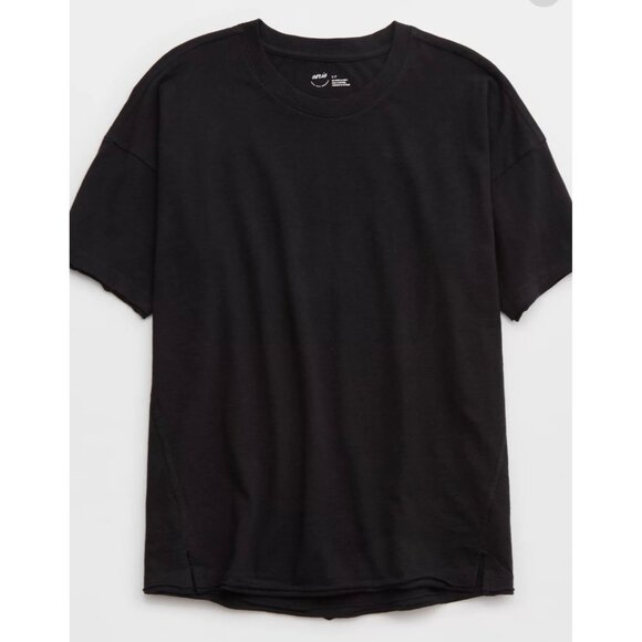 AERIE Solid Black Distressed Oversized Short Sleeve Boyfriend T-Shirt NWT Medium - Picture 3 of 10